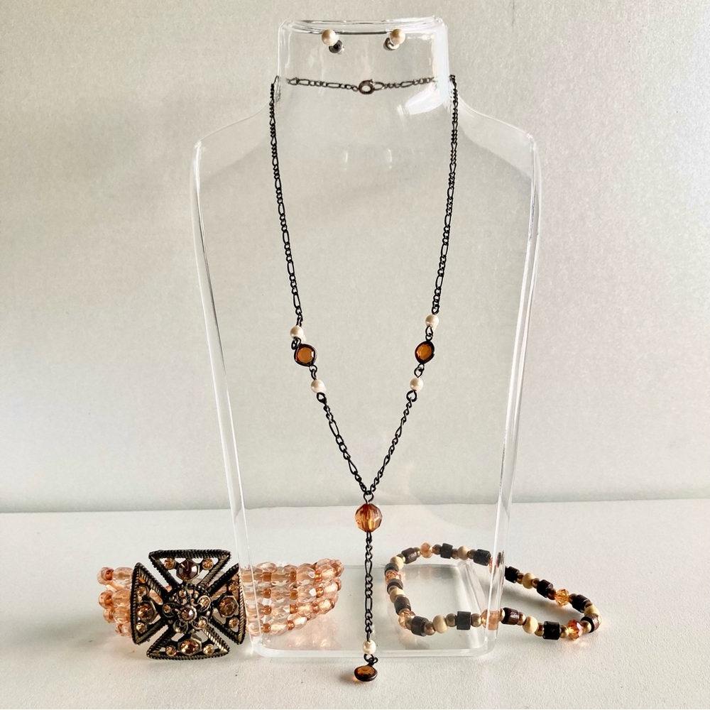 Women’s Amber tone Bead Pendant Lariat Necklace and Bracelet Set
